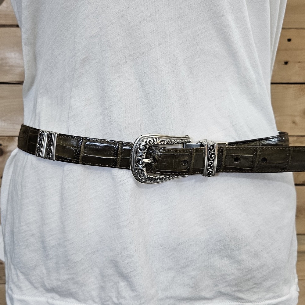 Brighton Reversible‎ Belt Large Green Croc Embossed Brown Leather